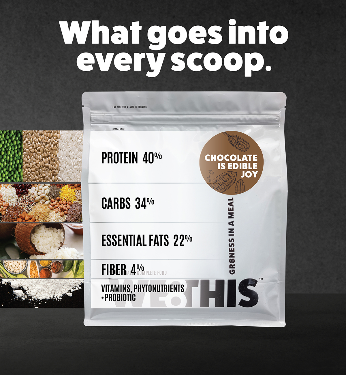WE8THIS™ contains balanced macronutrient split of protein, fats, carbohydrates, fiber, plus 27 essential vitamins & minerals