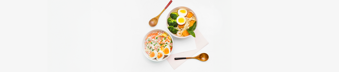 Healthy rice bowl and salad with eggs